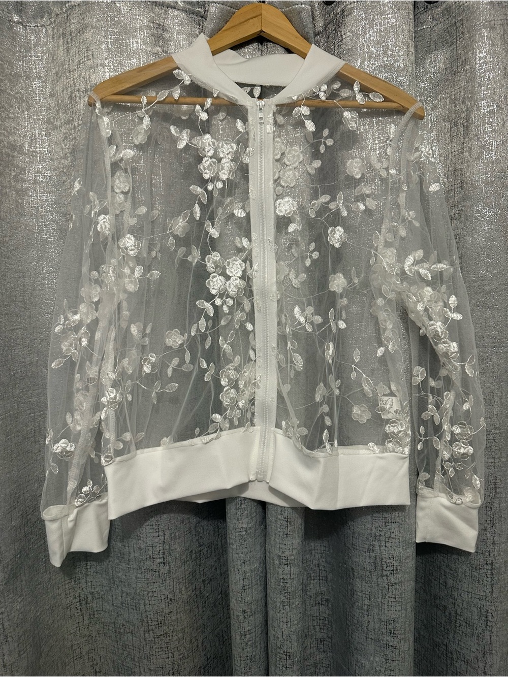 White Sheer Floral Embroidered Bomber Jacket